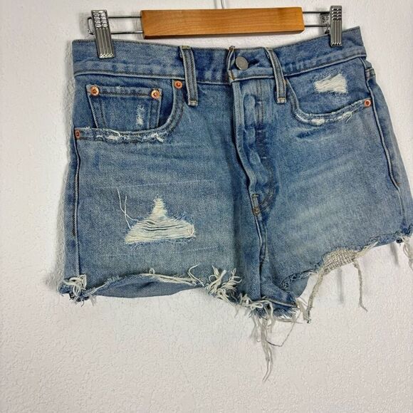 Levi's Distressed Raw Hem Hidden Button Fly Jean Shorts - Picture 3 of 7